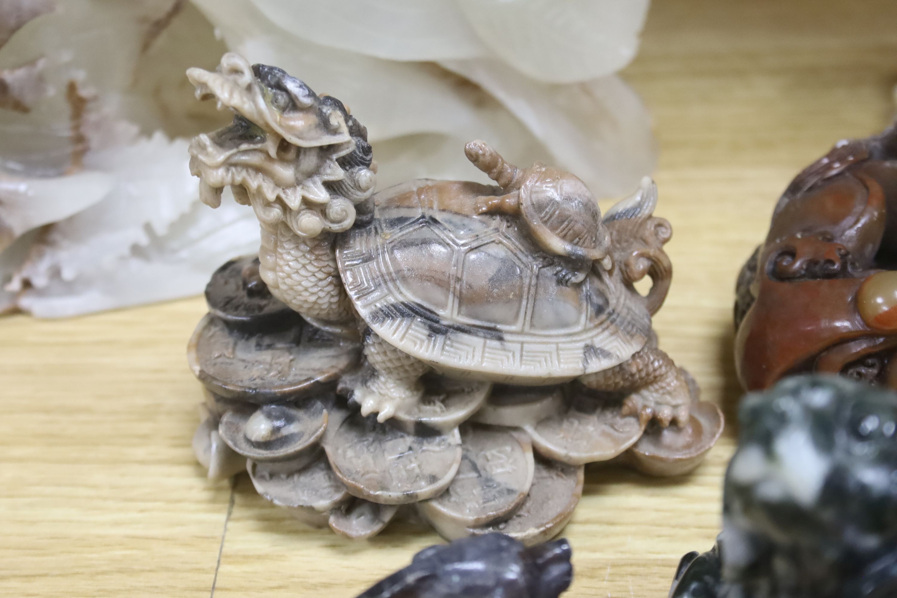 A quantity of Chinese carved hardstone and soapstone animals / creatures